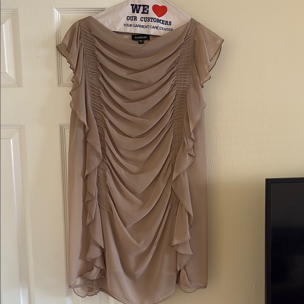 bebe Elegant Draped Mini Dress in Beige